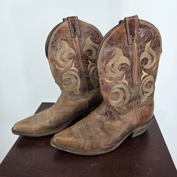 Justin Boots Brown Leather Bent Rail Embroidered Boots Size 9 - Picture 1 of 7